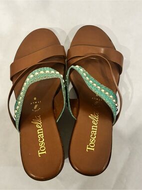 Toscanella Brown Leather Sandals with Turquoise Beaded Strap